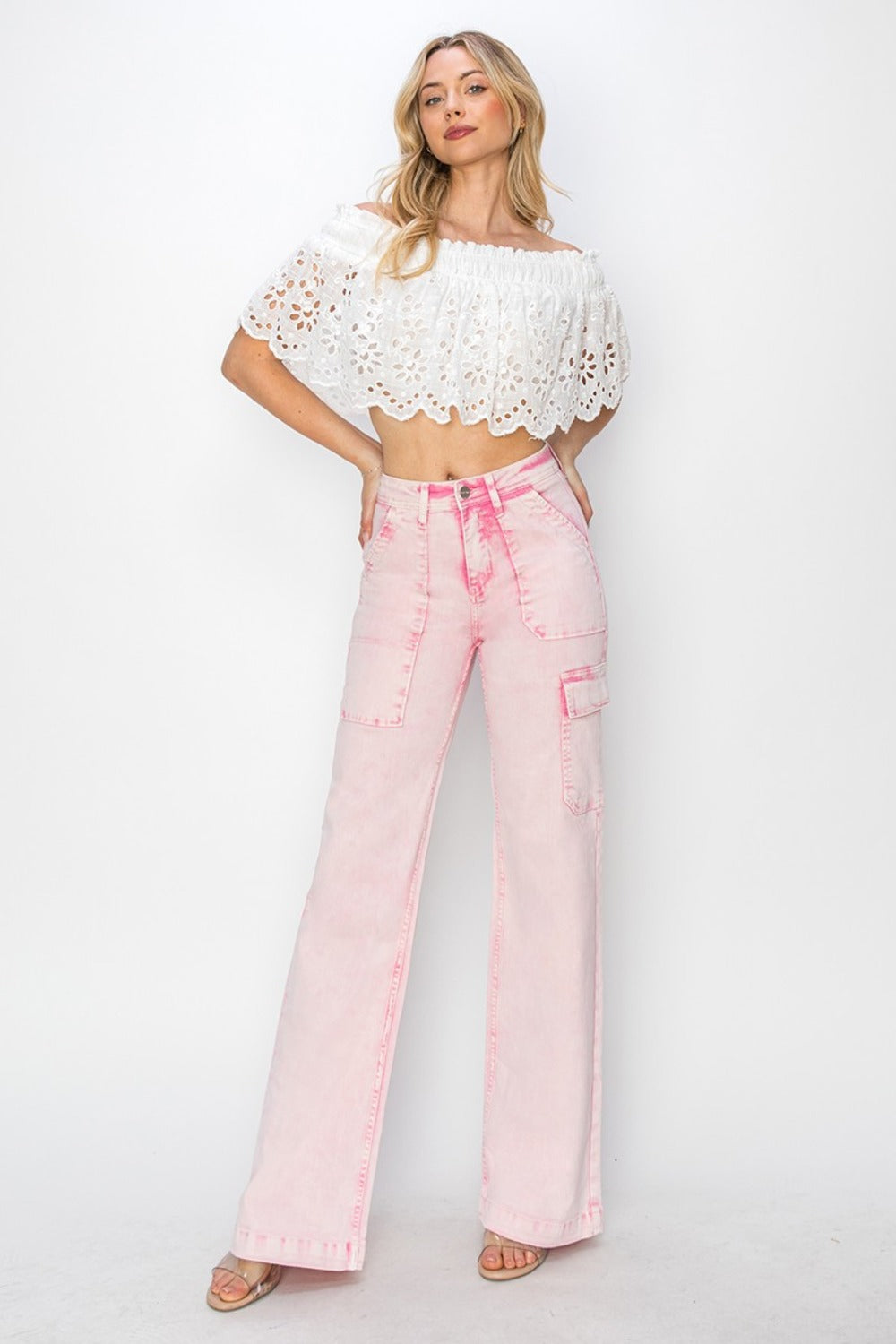Acid Wash Pink High Rise Cargo Pocket Jeans